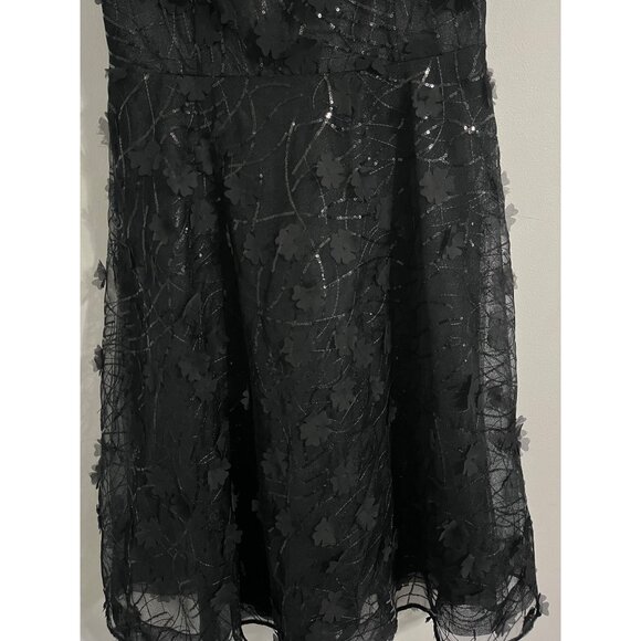 RICKIE FREEMAN TERI JON Dress Tea Length Sequins 3D Floral Appliques Black 12 - Picture 4 of 16